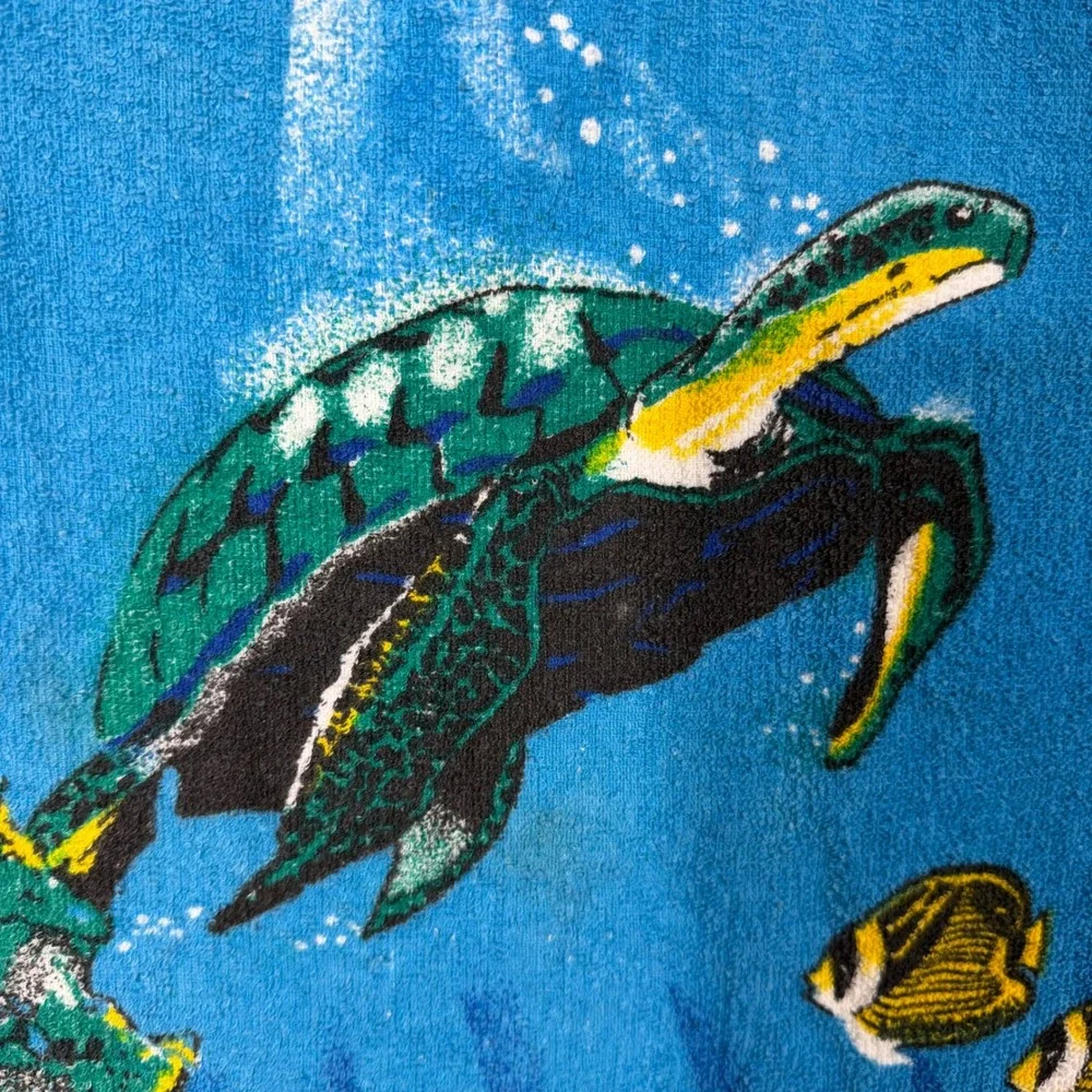 Vtg 90s Y2K Tropical Beach Towel Sea Turtle Fish Ocean Reef 100% Cotton Brazil